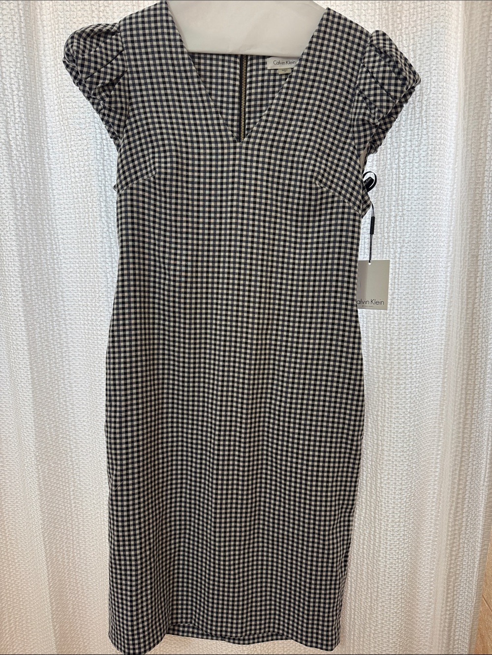 Calvin Klein Black and White Gingham Sheath Dress with Cap Sleeves